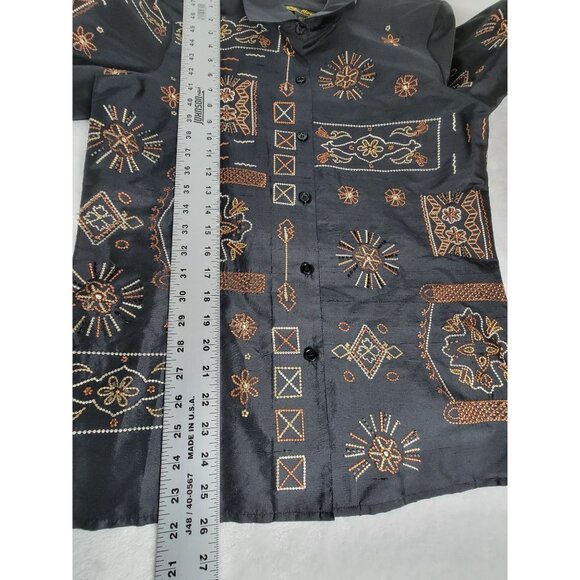 Vintage Mirasol Womens Silk Blend Button-Up Shirt Small Black Tribal Embroidery - Picture 7 of 8